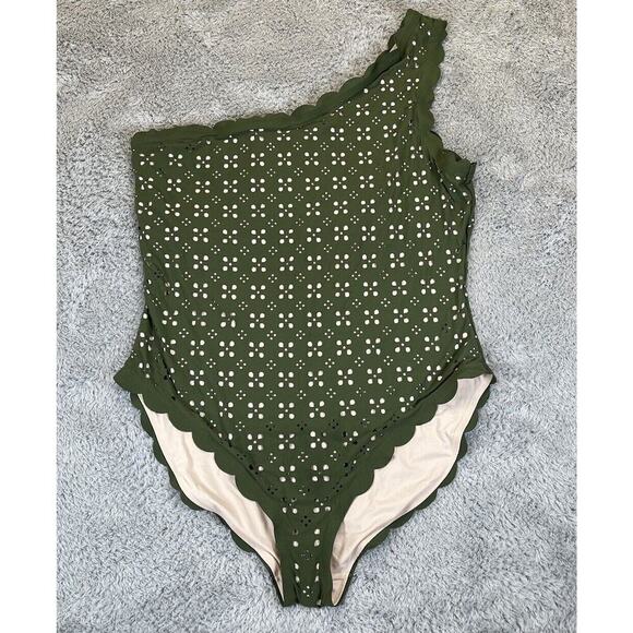 J. Crew Scalloped One-Shoulder‎ Swimsuit Size 20 Green Olive Nude Laser Cut Out - Picture 1 of 9